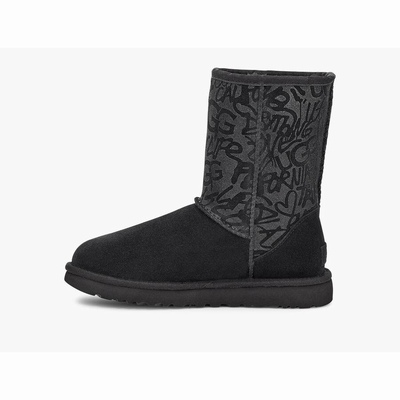 Botas UGG Classic Short Sparkle Graffiti Mulher Pretas | PT-TULCZ